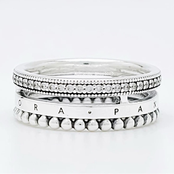 💯 Authentic Pandora 925 Silver Logo Pave CZ and beads Ring. Size 5 - Picture 2 of 3